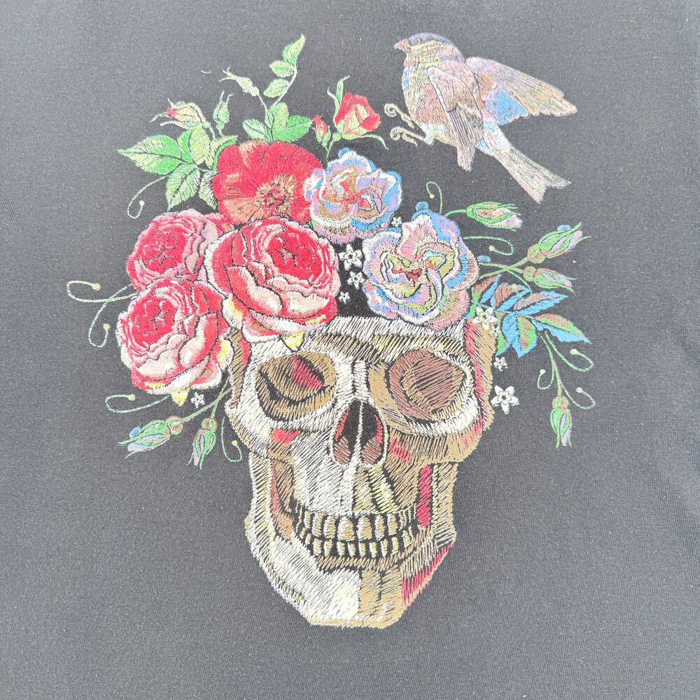 Delta Floral Skull Bird Graphic T-Shirt Black Large